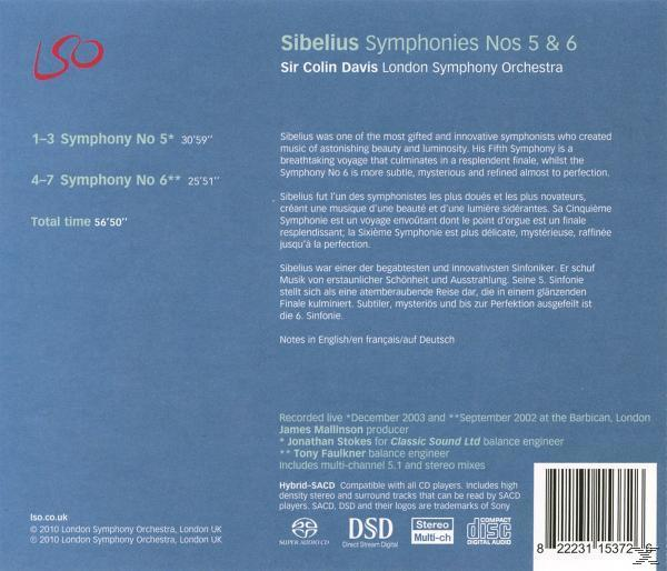 Rückseite eines CD-Covers mit Text über Sibelius-Symphonien und blauem Hintergrund.