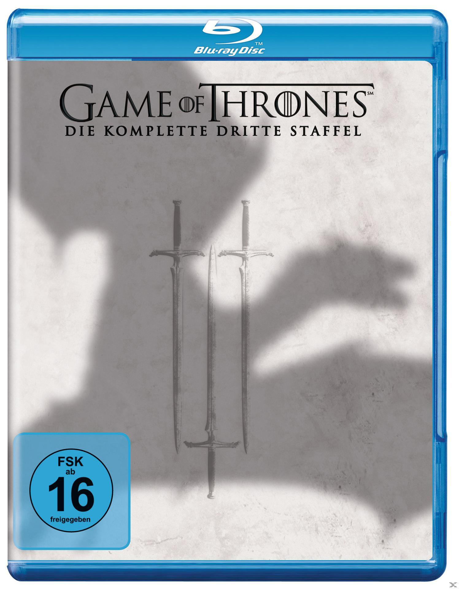 Blu-ray-Disc-Cover von Game of Thrones, Schwerter auf der Vorderseite. Deutscher Text. Bewertung ist 16.