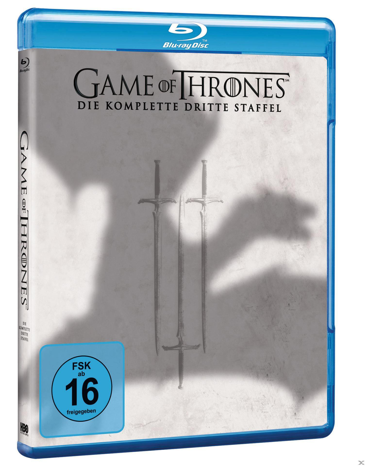 Blu-ray-Disc-Cover. Game of Thrones, mit Schwertern und dem Titel. Blauer Hintergrund.