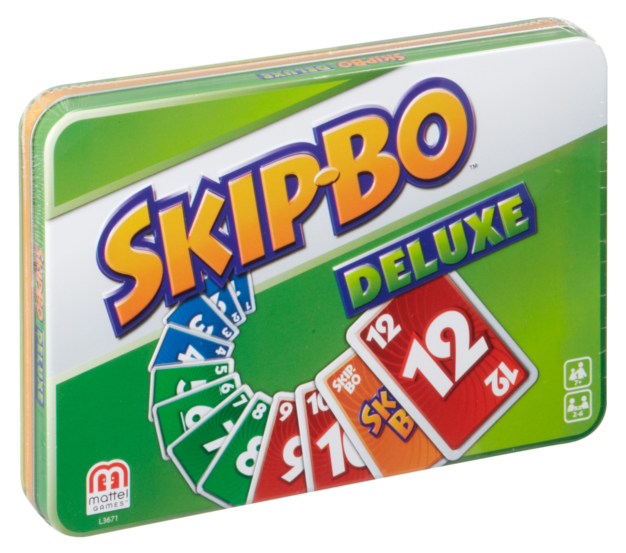 Eine grüne Skip-Bo Deluxe Box mit einem bunten Spielbrett und Karten mit Zahlen und Skip-Bo Logo.