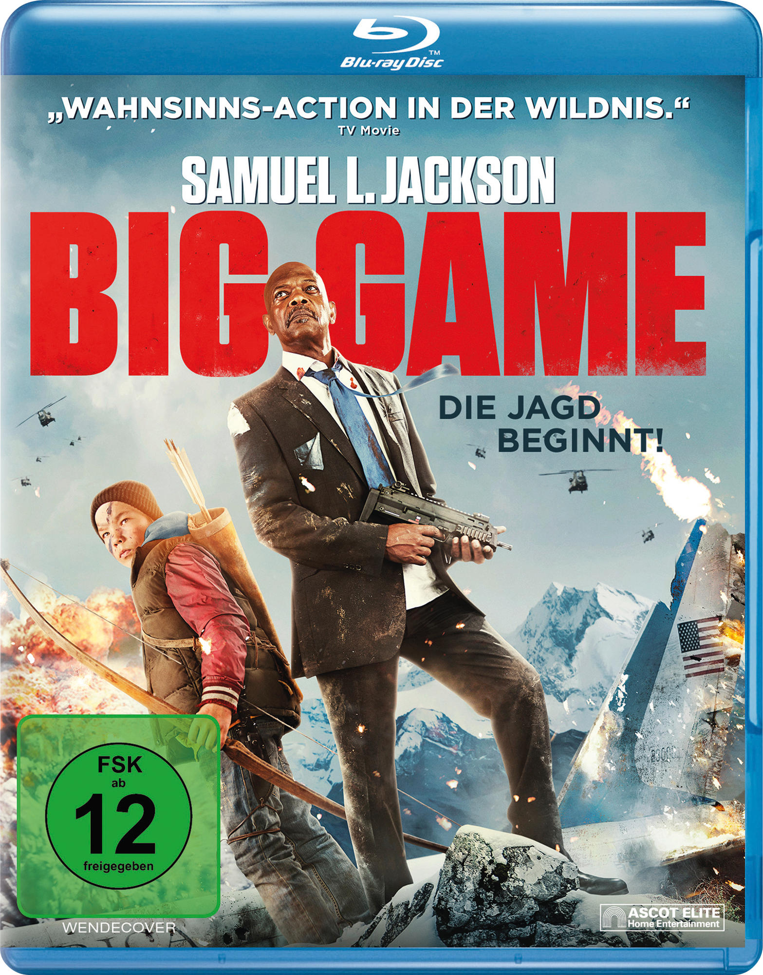 Filmcover von 'Big Game' mit Samuel L. Jackson mit einer Waffe. Ein Junge mit Pfeil und Bogen ist im Hintergrund.