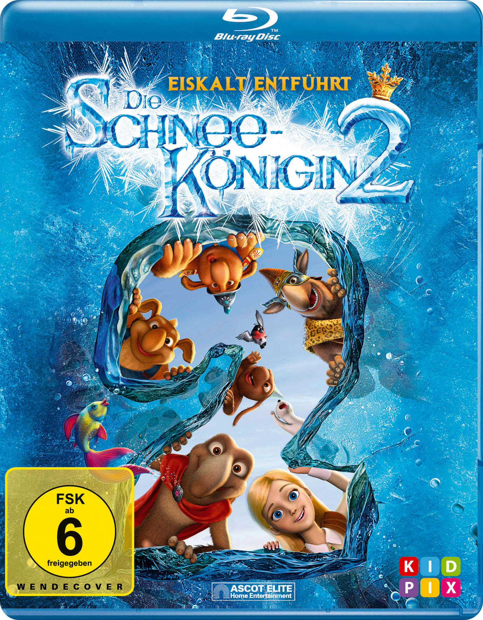 Filmcover von "Die Schneekönigin 2". Zeichentrickfiguren in einer verschneiten Szene, Blu-ray Disc.