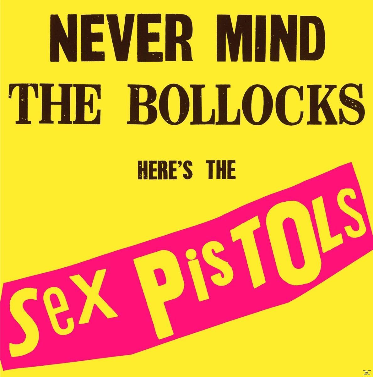 Albumhoes met tekst 'Never Mind the Bollocks' en 'Sex Pistols' in roze op een gele achtergrond.