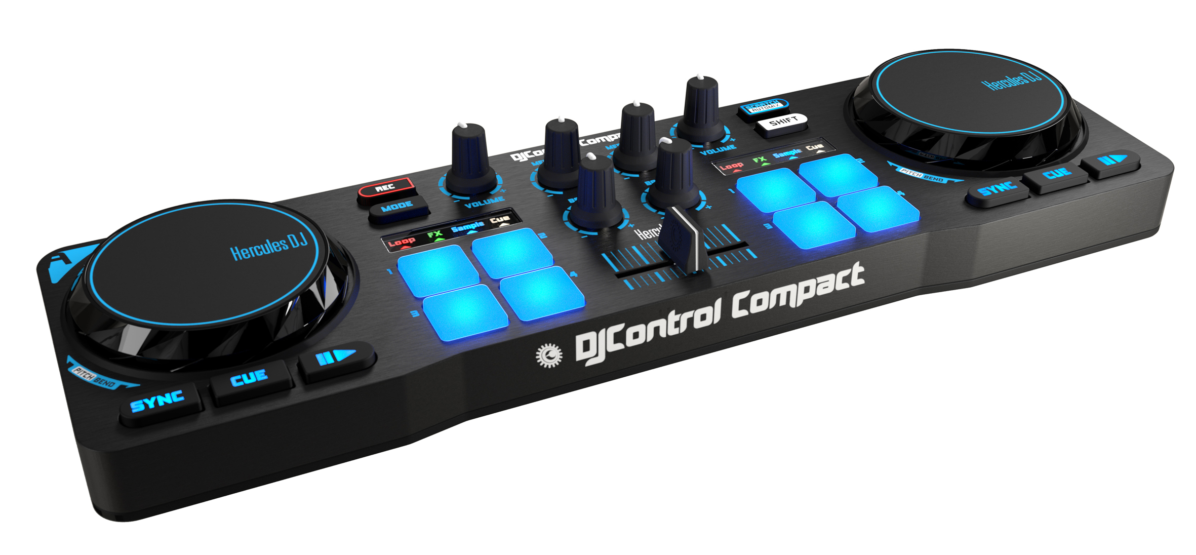 Schwarzer DJ-Controller kompakt. Es hat blaue Lichter und viele Knöpfe, Regler und ein Jogwheel.