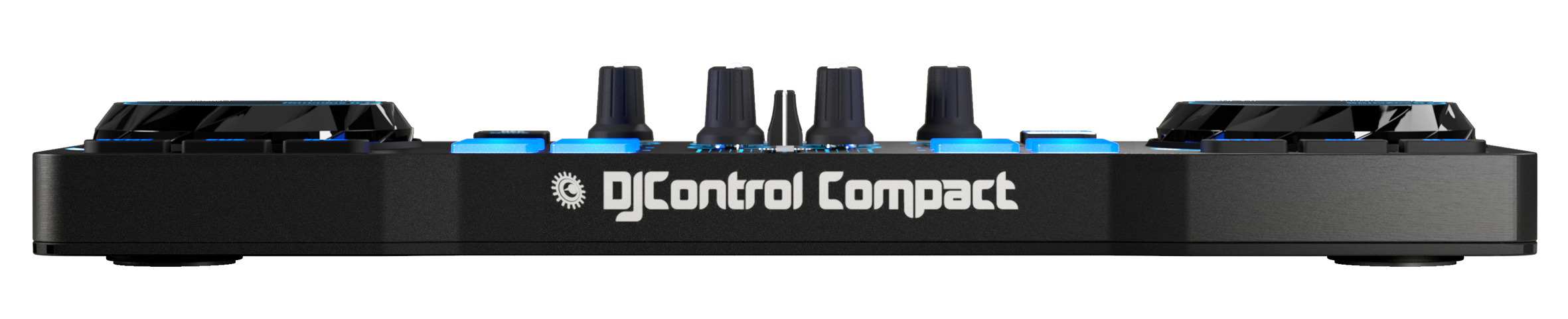 Schwarzer DJ-Controller mit Knöpfen und leuchtenden Tasten. Der Text 'DJControl Compact' ist sichtbar.