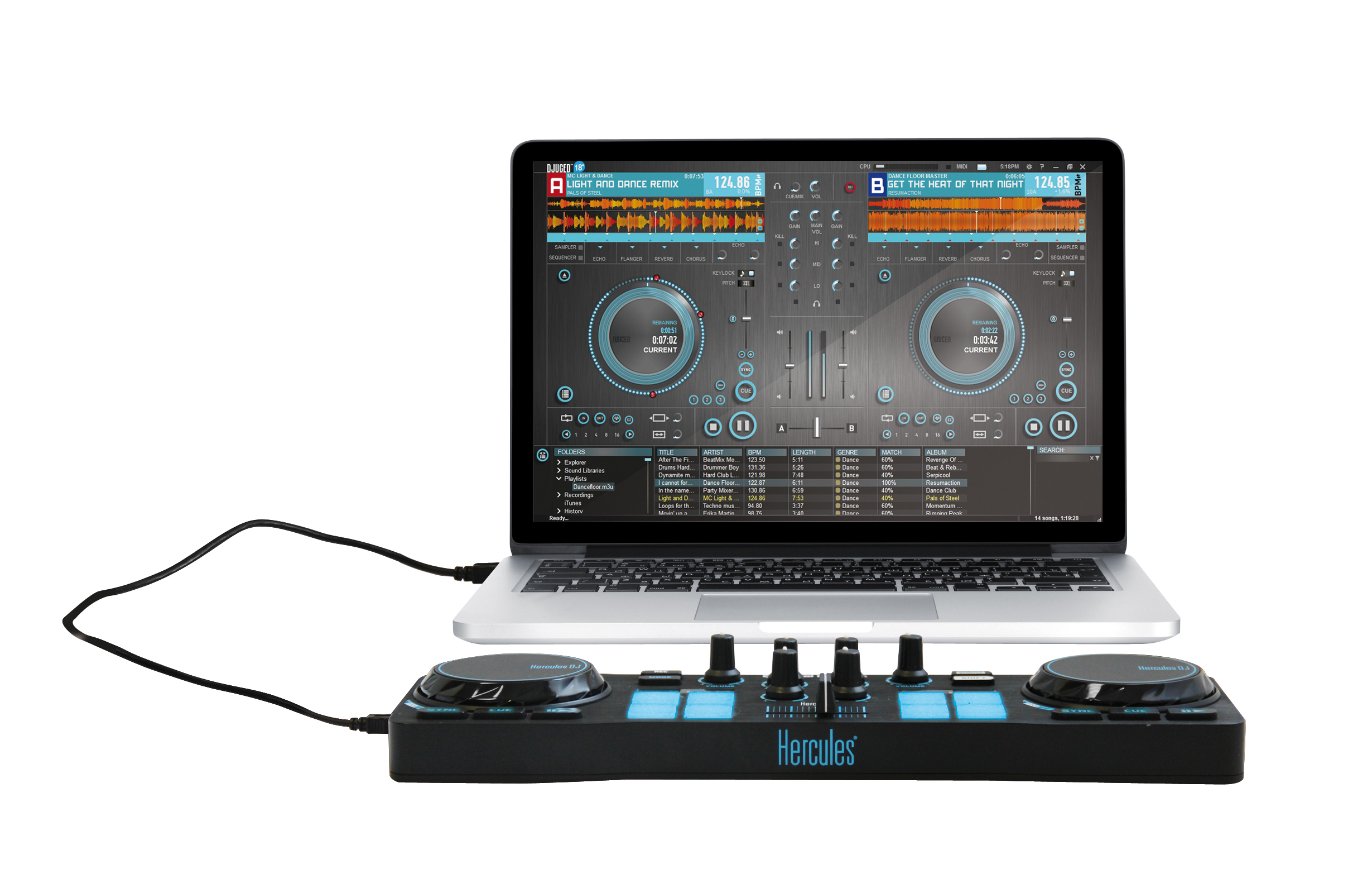 HERCULES DJ Control Compact (8 Pads, DJUCED 18°, PC / Mac) 2-Deck DJ Controller, Schwarz