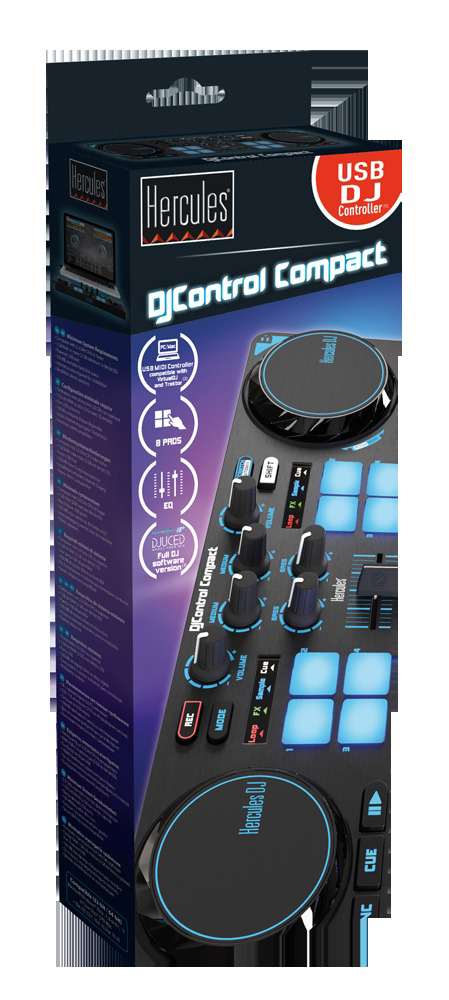 DJ-Controller in der Box. Schwarz-blaues Design mit Hercules-Logo und verschiedenen Bedienelementen.