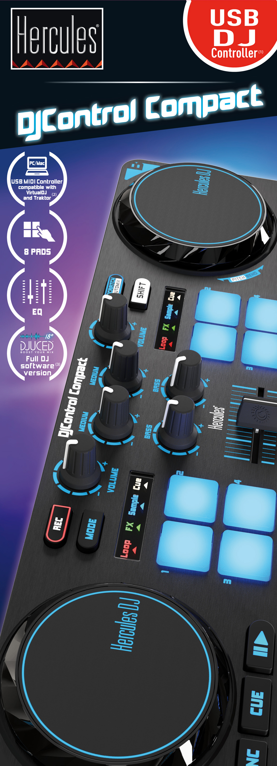 DJ-Controller: Hercules DJControl Compact. Schwarz und Blau. Knöpfe, Tasten und ein zentrales Jogwheel sind sichtbar.
