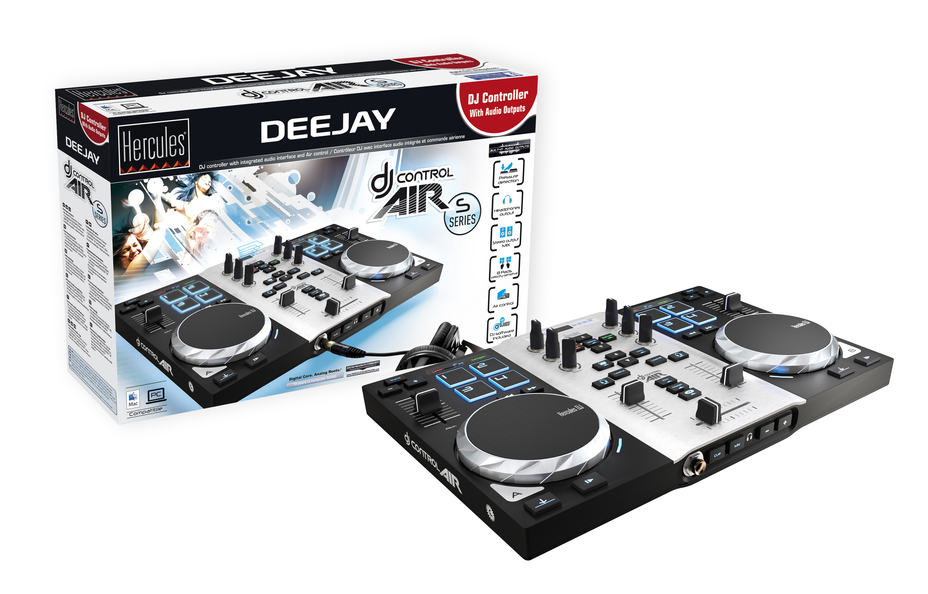 HERCULES DJ Control Air S Series (Air Control, 8 Pads, integr. Soundkarte, DJUCED 18°, PC / Mac) 2-Deck DJ Controller, Schwarz/Silber