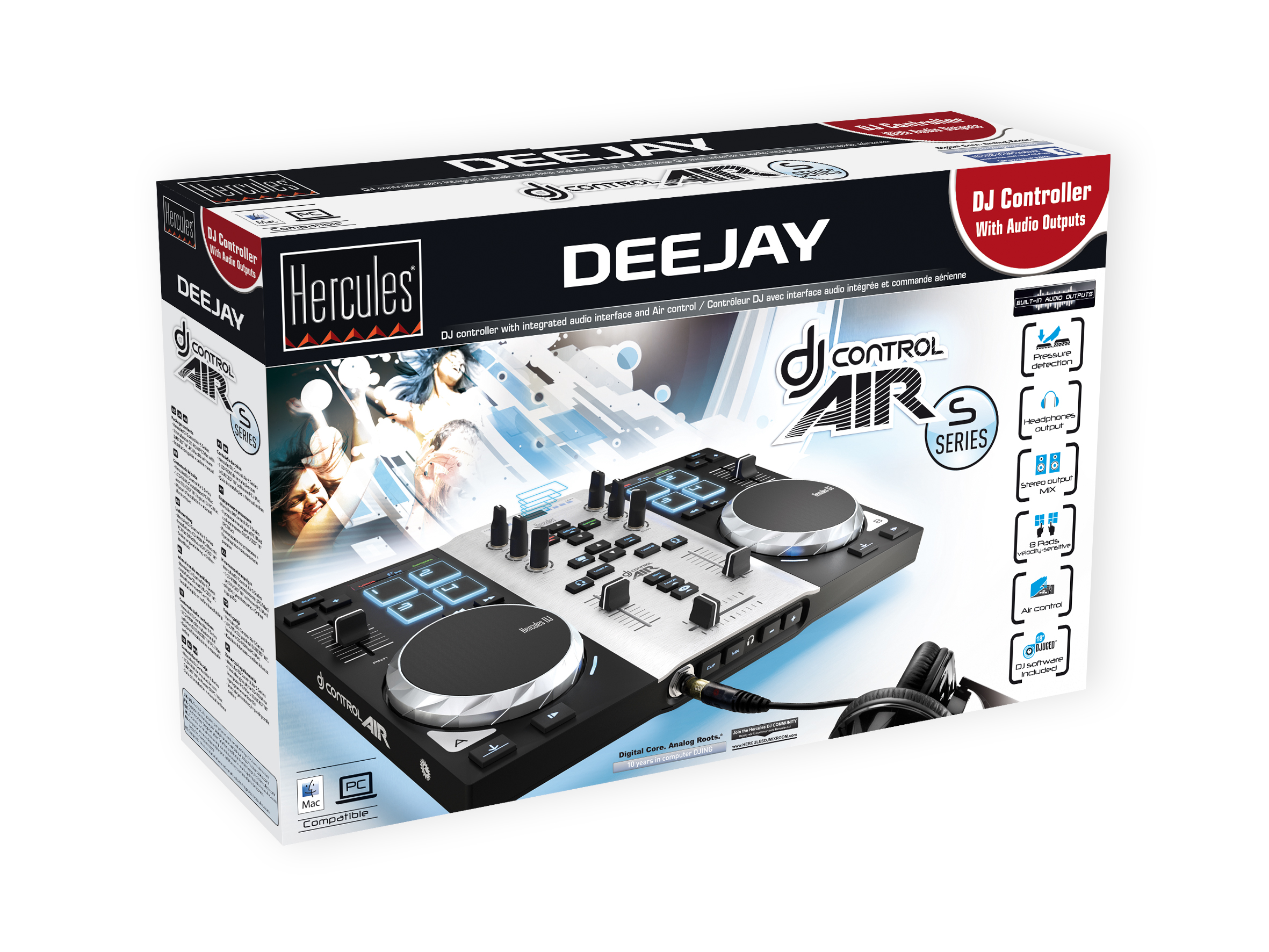 HERCULES DJ Control Air S Series (Air Control, 8 Pads, integr. Soundkarte, DJUCED 18°, PC / Mac) 2-Deck DJ Controller, Schwarz/Silber
