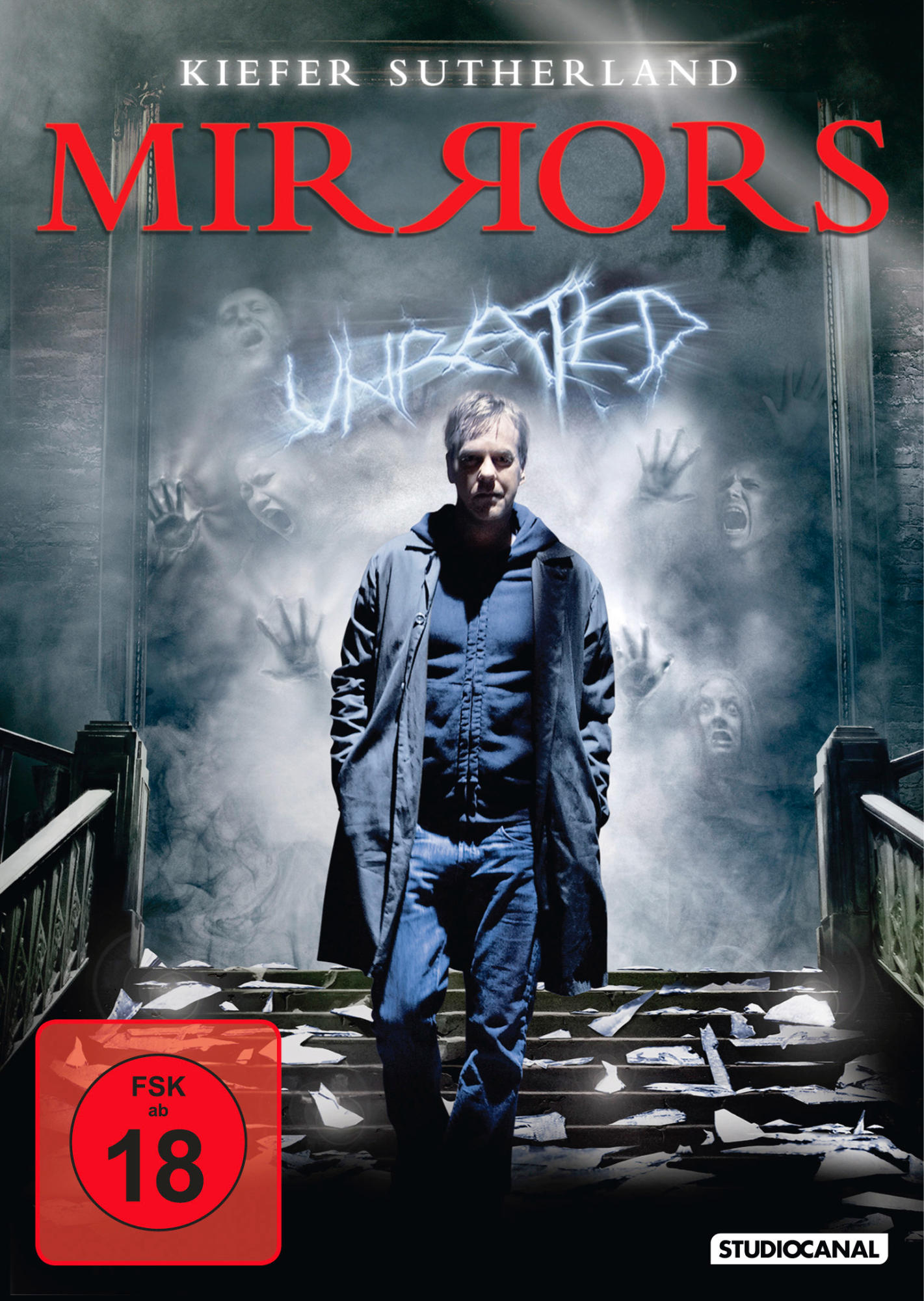 Mirrors DVD-Cover. Kiefer Sutherland. Mann vor einem zerbrochenen Spiegel. Horror-Thema.