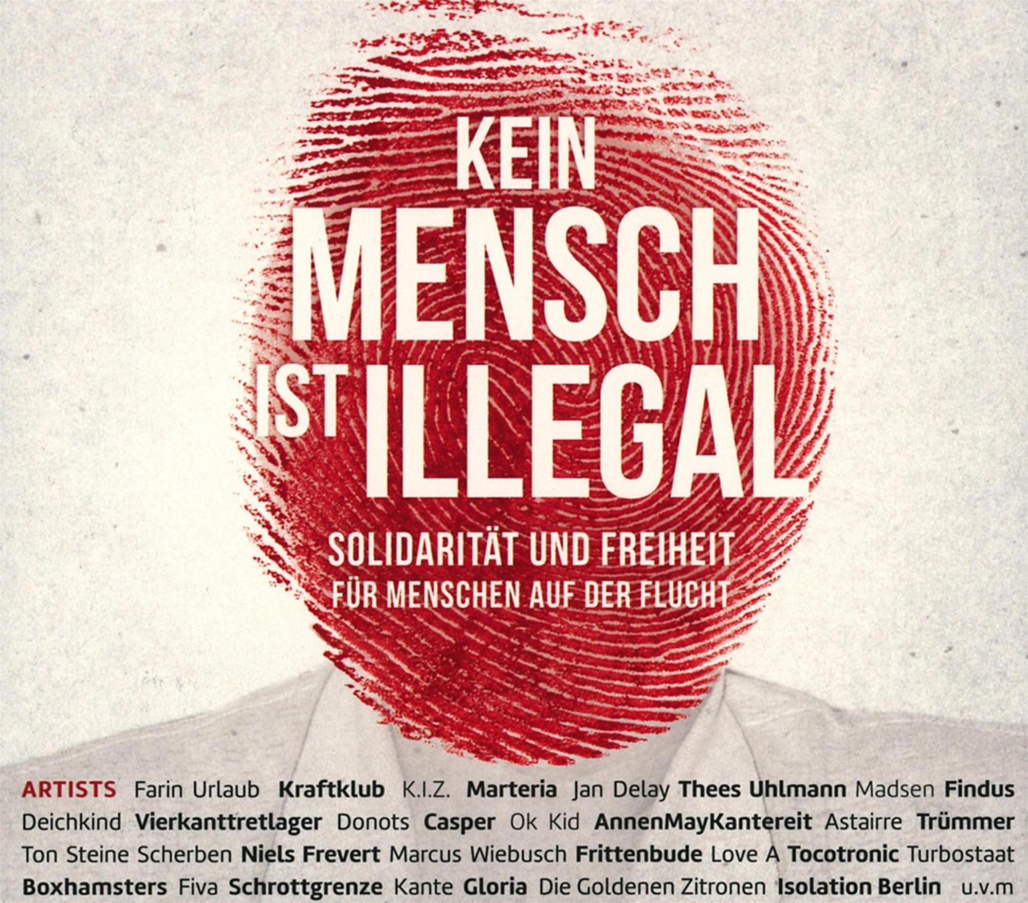 Roter Fingerabdruck mit den Worten "Kein Mensch ist illegal" über einem weißen Hintergrund.