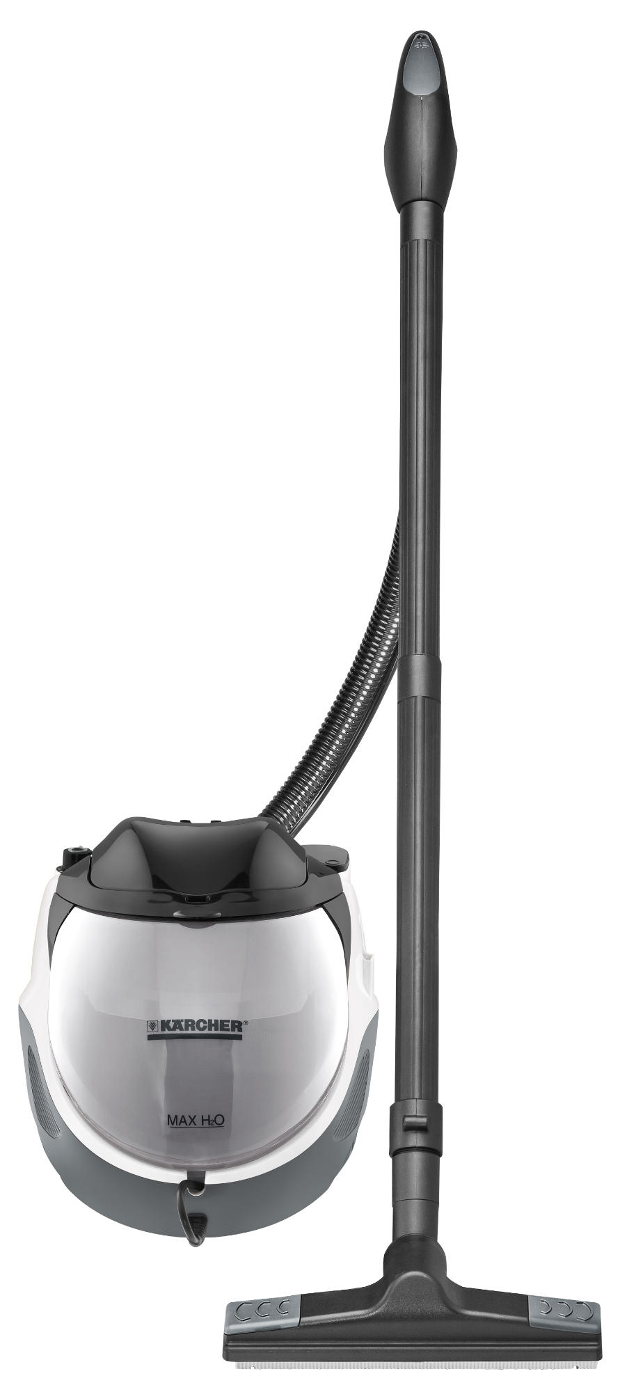 Uzun bir sap ve başlığa sahip beyaz ve gri bir Karcher Max HQ elektrikli süpürge.