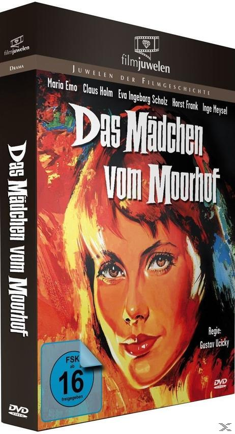 DVD-Cover für den Film Das Mädchen vom Moorhof. Auf dem Cover ist das Gesicht einer Frau mit Titel und Credits.