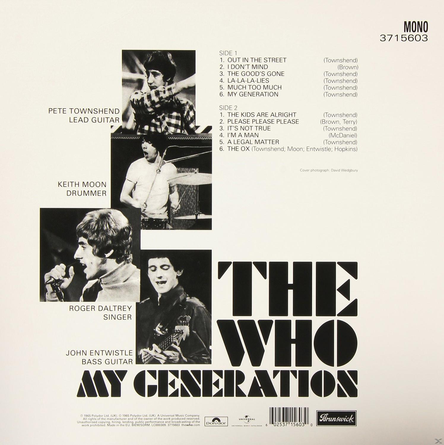 Albumhoes van The Who, met bandleden en tracklist aan de zijkanten. Zwart-wit foto's.