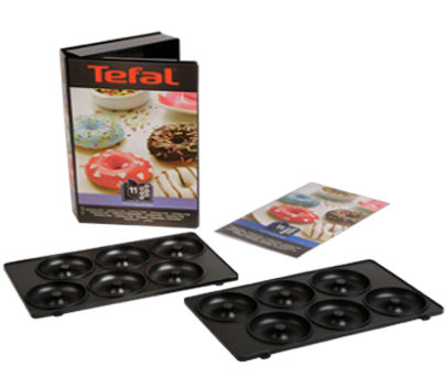 Donut maker with two trays and box. Donuts are on the trays.