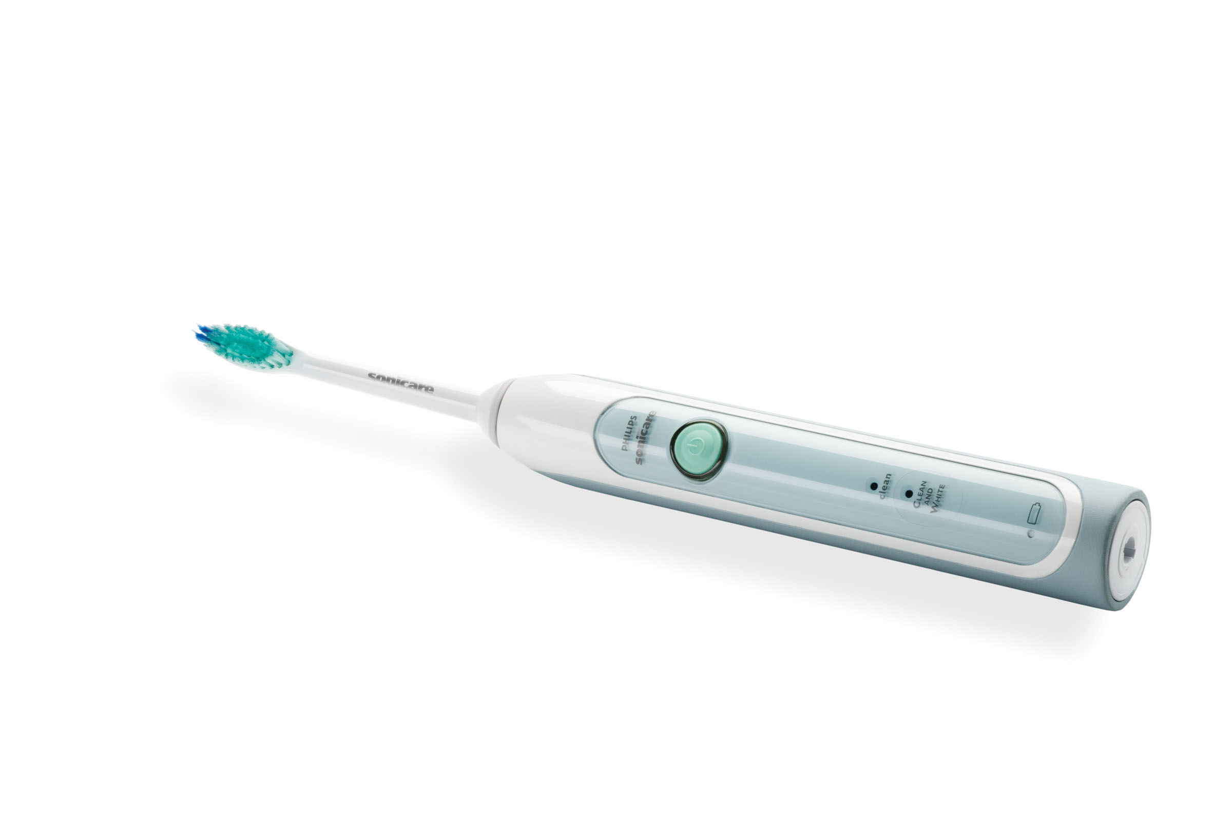 Eine blau-weiße elektrische Zahnbürste von Philips Sonicare auf weißem Untergrund.