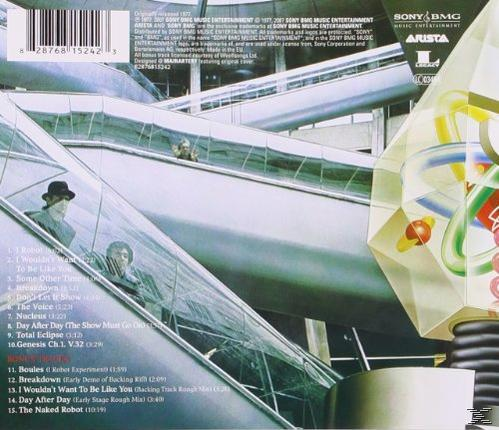 Rückseite einer CD mit Titellisten und Credits, mit einem futuristischen architektonischen Design.