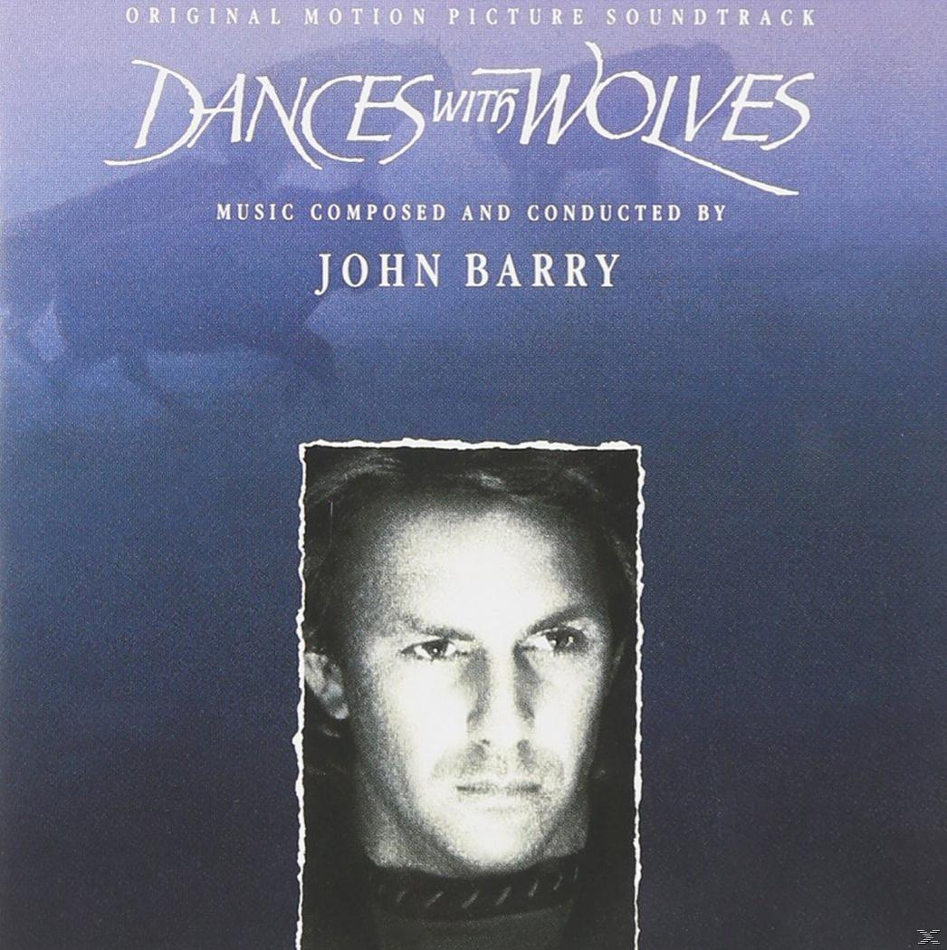 Albumcover mit dem Titel Dances with Wolves, einem Porträt von Kevin Costner und dem Namen von John Barry.