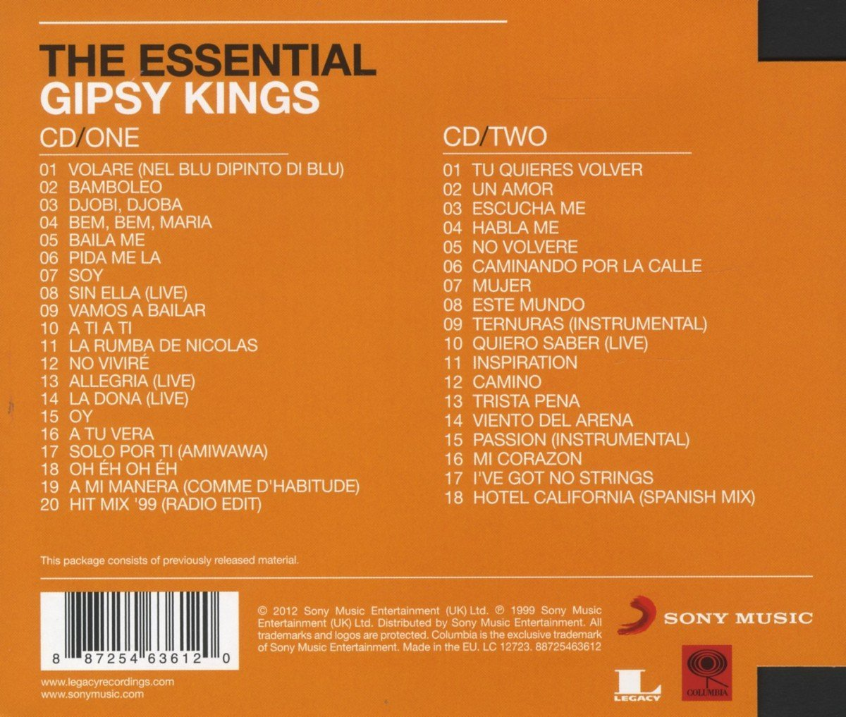 Pochette de CD avec liste des titres des Gipsy Kings, avec titres en anglais et en espagnol.