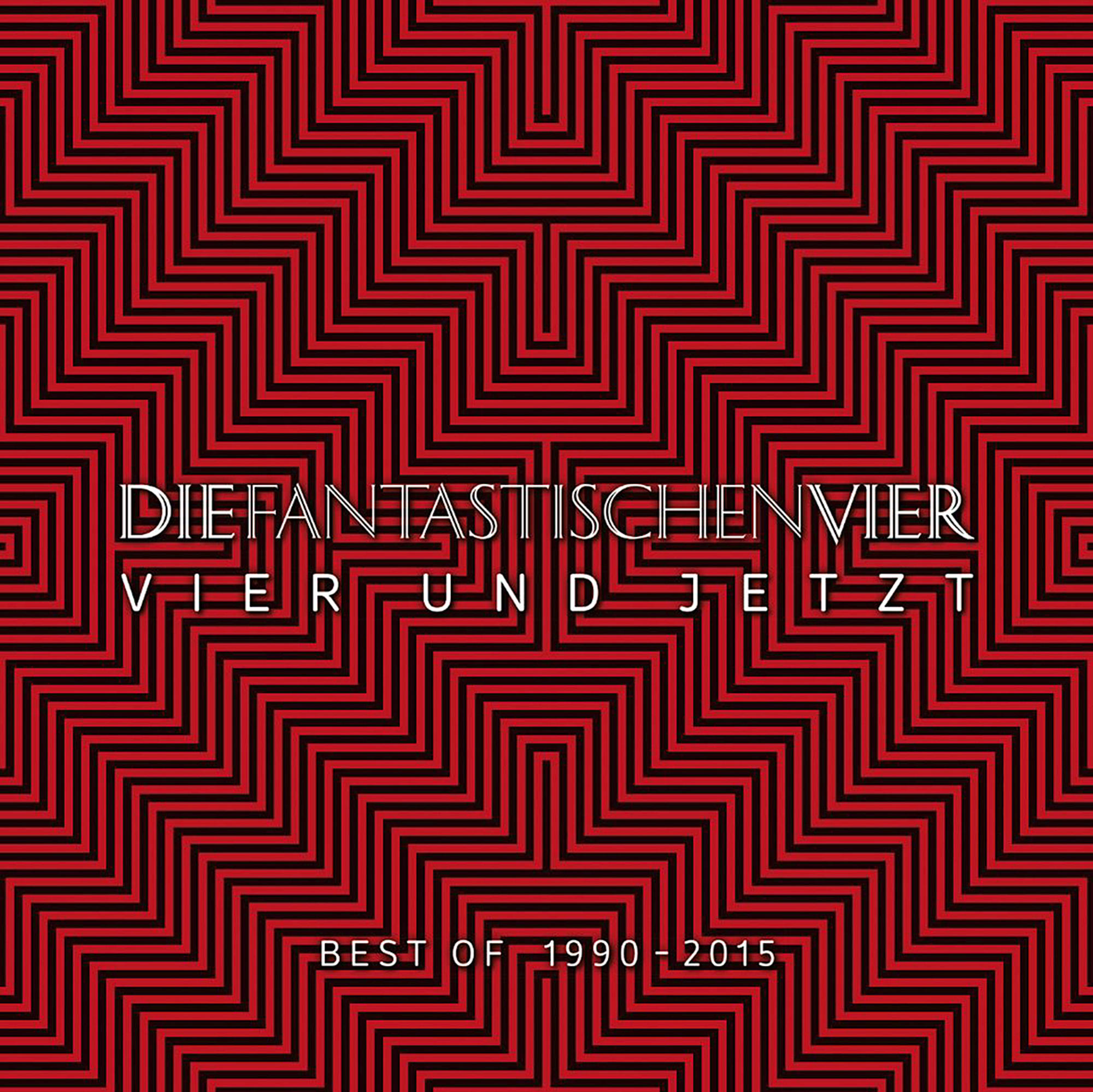 Albumcover mit rotem und schwarzem geometrischem Muster und Albumtitel.