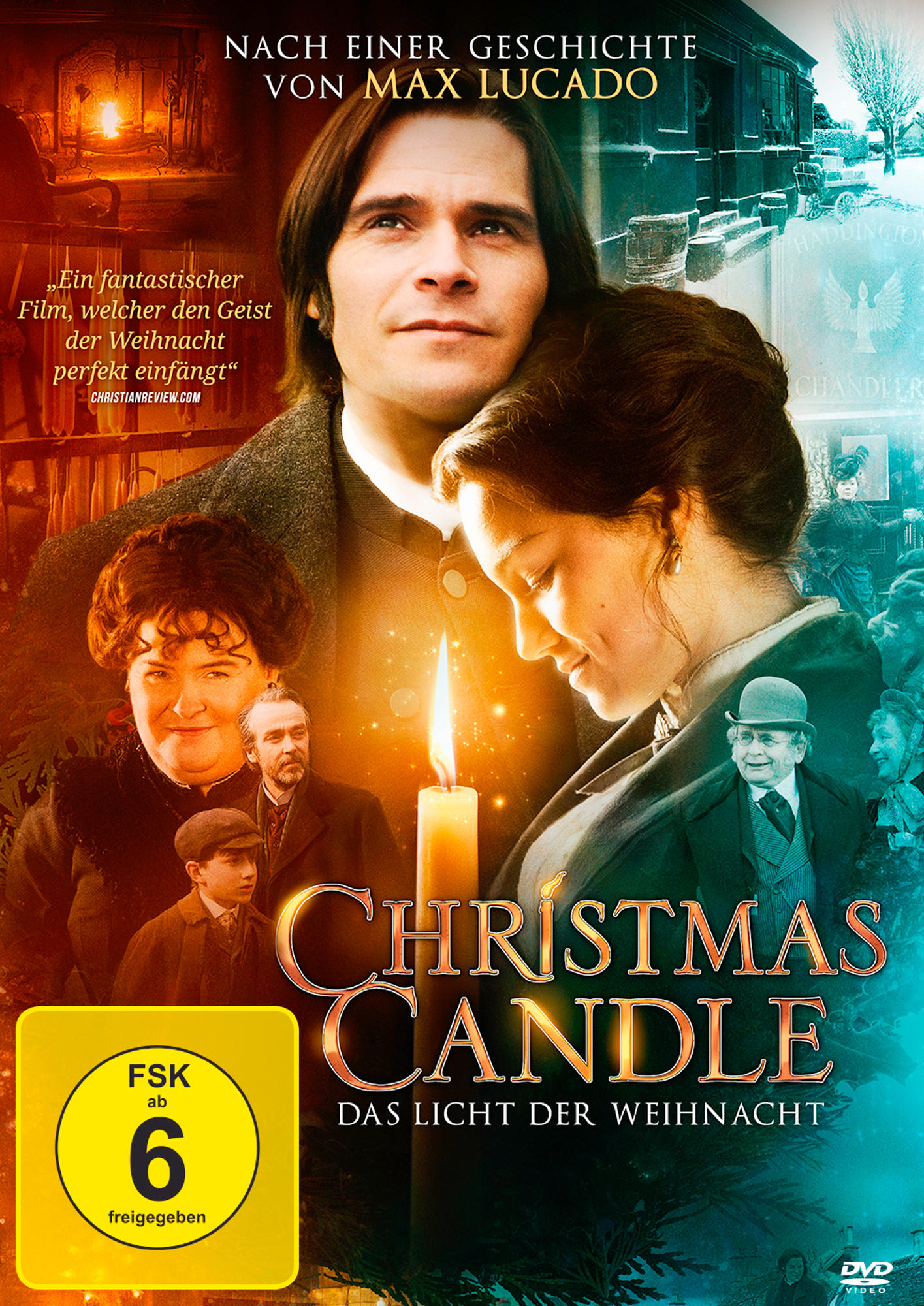 Filmplakat für 'Christmas Candle' mit Schauspielern, einer brennenden Kerze und Text auf Deutsch. Ein gelber FSK 6-Aufkleber ist vorhanden.
