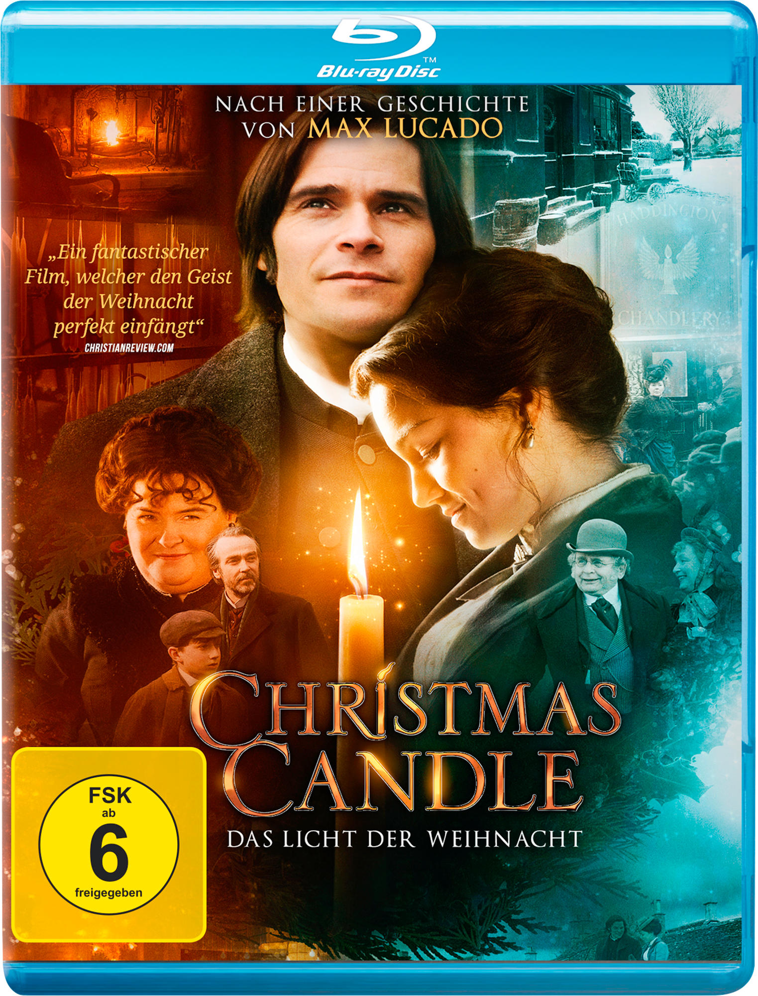 Blu-ray-Cover mit Schauspielern, einer Kerze und dem Titel 'Christmas Candle'. Hintergrund zeigt eine verschneite Stadt und andere Personen.