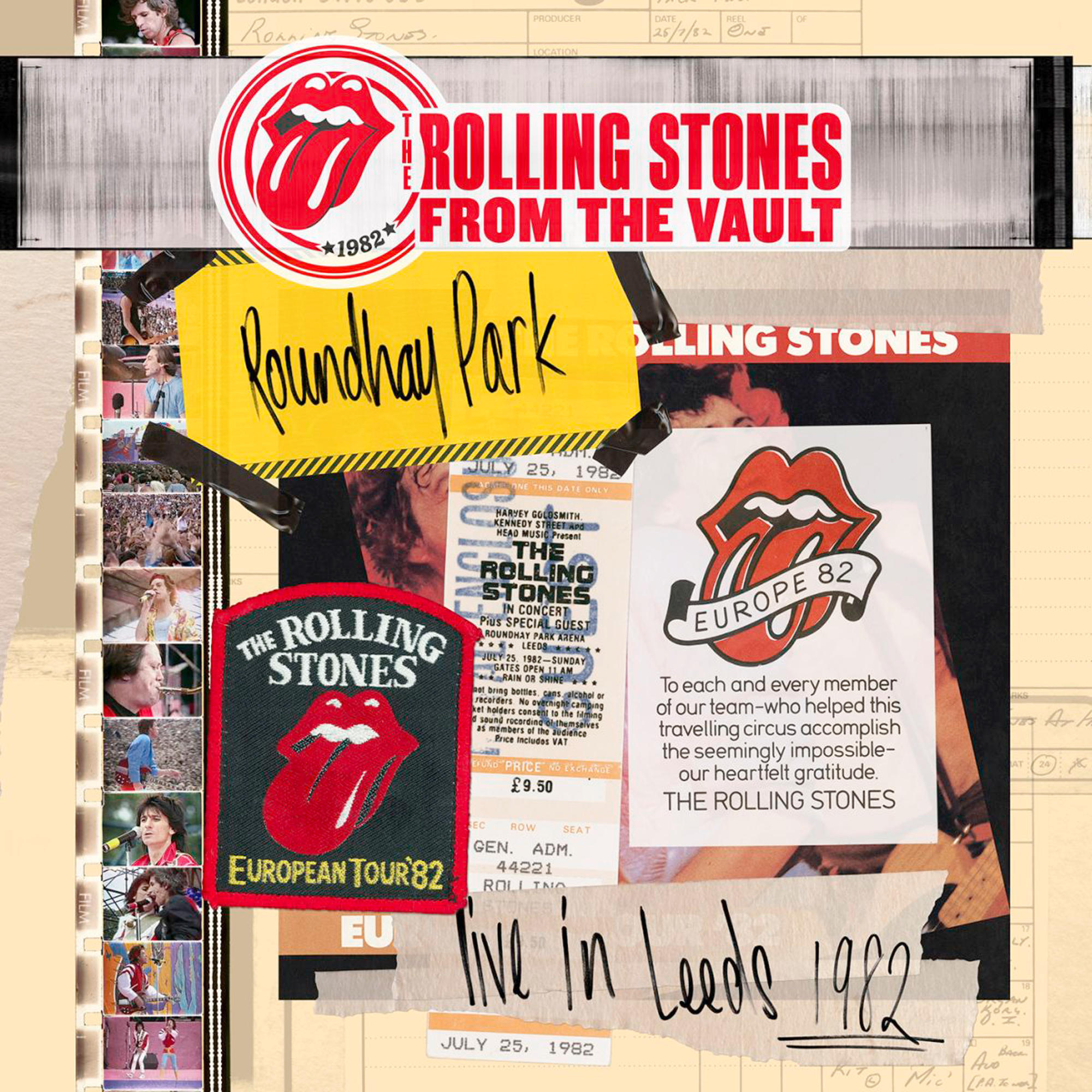 Eine Collage aus Rolling Stones-Memorabilien. Enthält Fotos, Tickets und Logos.