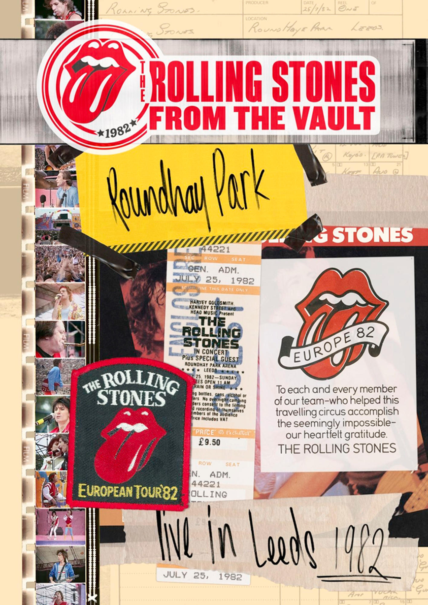 Eine Collage von Rolling Stones-Erinnerungsstücken, einschließlich des Bandlogos und Tourinformationen.