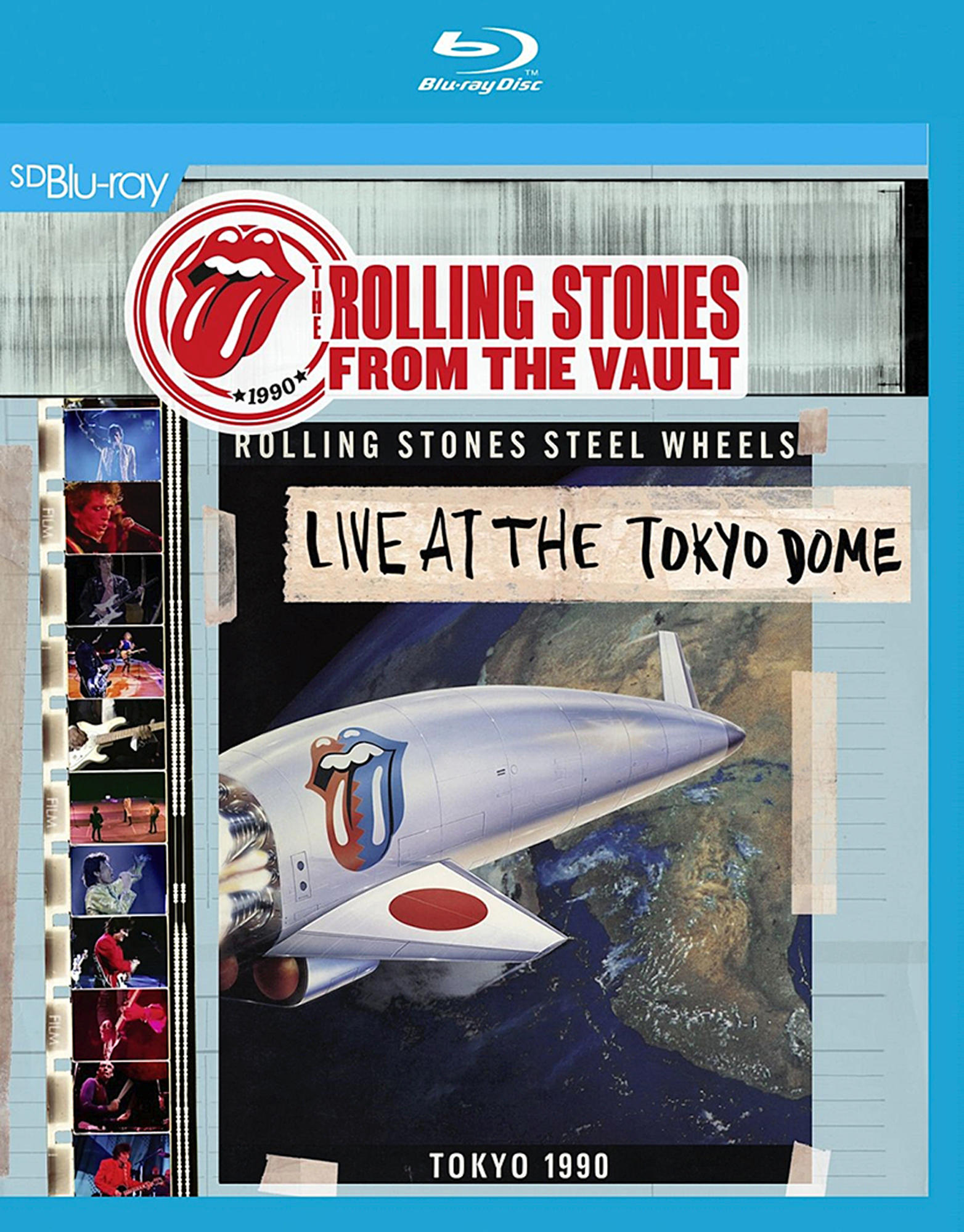 Blu-ray-Cover: Rolling Stones. Ein Raumschiff fliegt über der Erde. Logo mit roten Lippen.