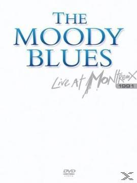 DVD-Cover mit "The Moody Blues" und "Live at Montreux 1991" Text. Blaues und weißes Farbschema.