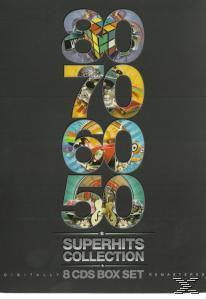 Poster mit den Zahlen 80, 70, 60, 50. Jede Zahl hat Bilder im Inneren. Text: 'Superhits Collection', '8 CDs Box Set'.