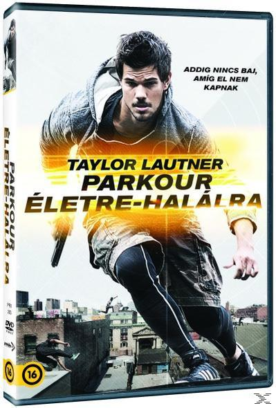 DVD borító: Egy férfi fut, fegyvert tartva. A film címe: 'PARKOUR ÉLETRE-HALÁLRA'.