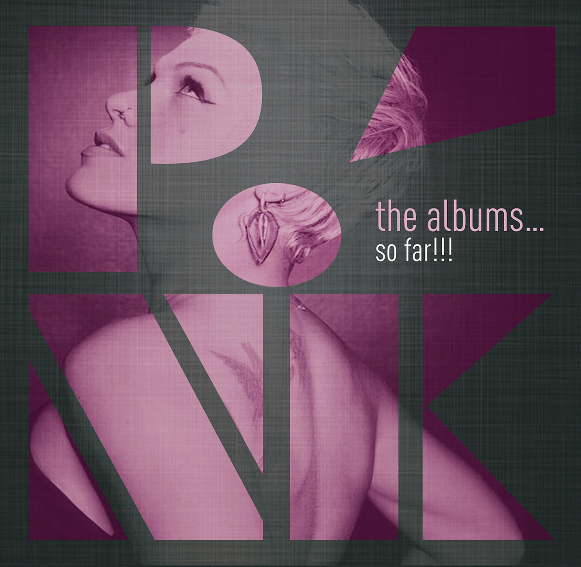 Rosa Albumcover mit Gesicht, Text und abstrakten Formen. Das Wort PINK ist sichtbar.