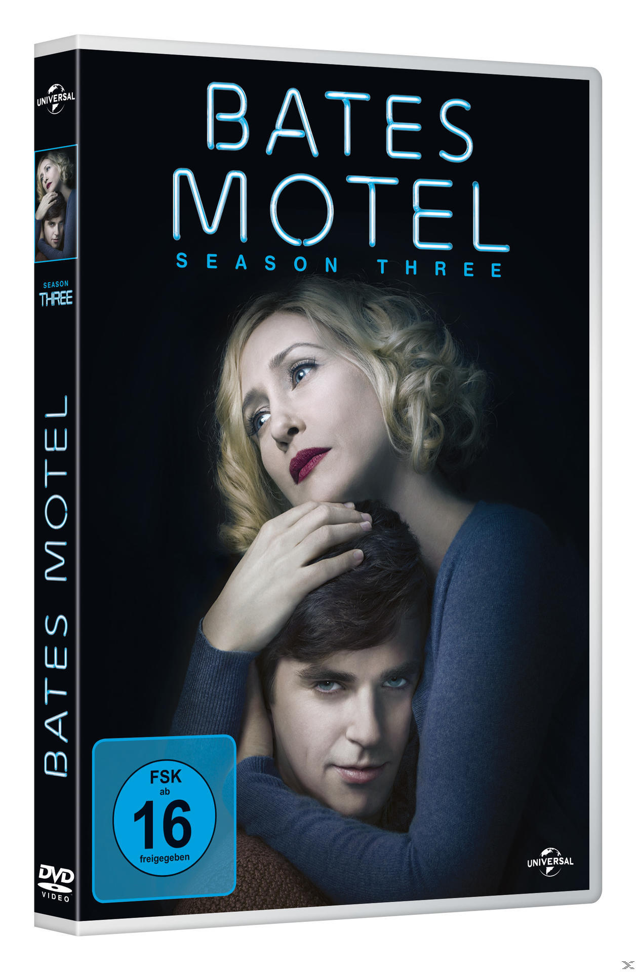 DVD-Cover für Bates Motel Staffel Drei. Zeigt eine Frau, die einen Mann hält, mit Leuchtreklame.