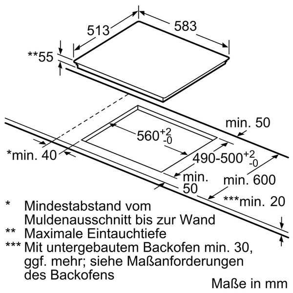 Diagramm eines Kochfelds mit Abmessungen und Beschriftungen auf Deutsch. Schwarz und weiß.