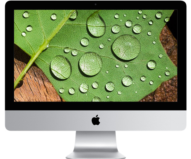 iMac zeigt grünes Blatt mit Wassertropfen, auf Holzgrund.