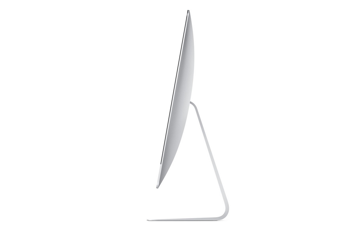 Seitenansicht des silbernen iMac, auf weißem Untergrund, schlankes Design.