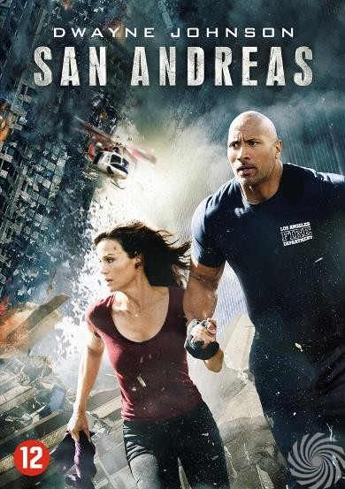 Filmposter van Dwayne Johnson en een vrouw die wegrent van een explosie.