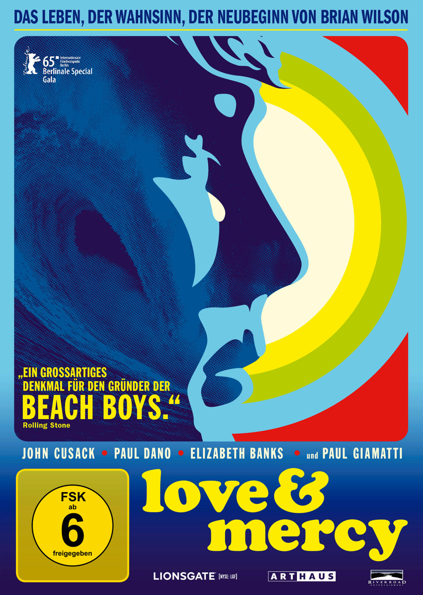 Filmposter mit Profil eines Gesichts in Blau und Gelb. Text: 'love & mercy' und 'Beach Boys'.