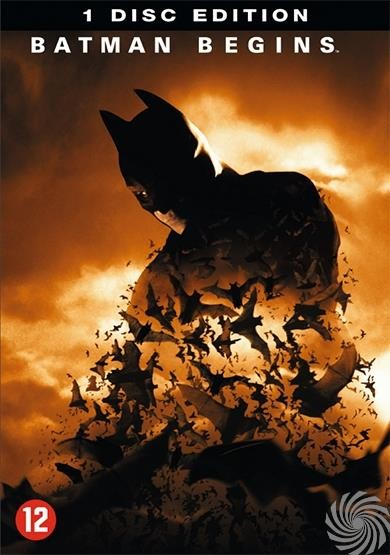 Batman staat op de voorgrond, omringd door een zwerm vleermuizen. Oranje hemel.