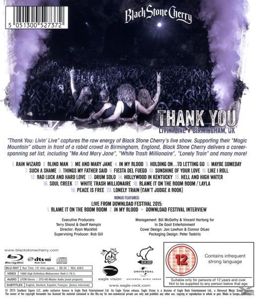 CD borító. Black Stone Cherry, Thank You Livin' Live. Egy tömeg a zenekar tagjaival a színpadon.