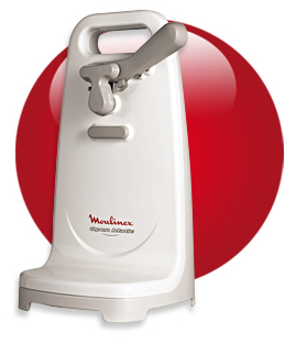 White can opener with a gray handle against a red circle.