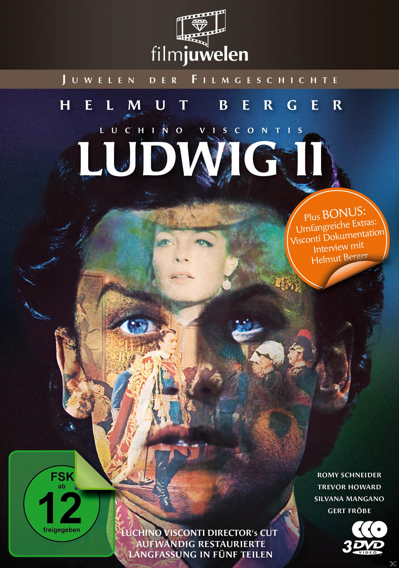DVD-Cover: Ludwig II. Porträt eines Mannes. Filmtitel und Credits. Blaue und goldene Farben.