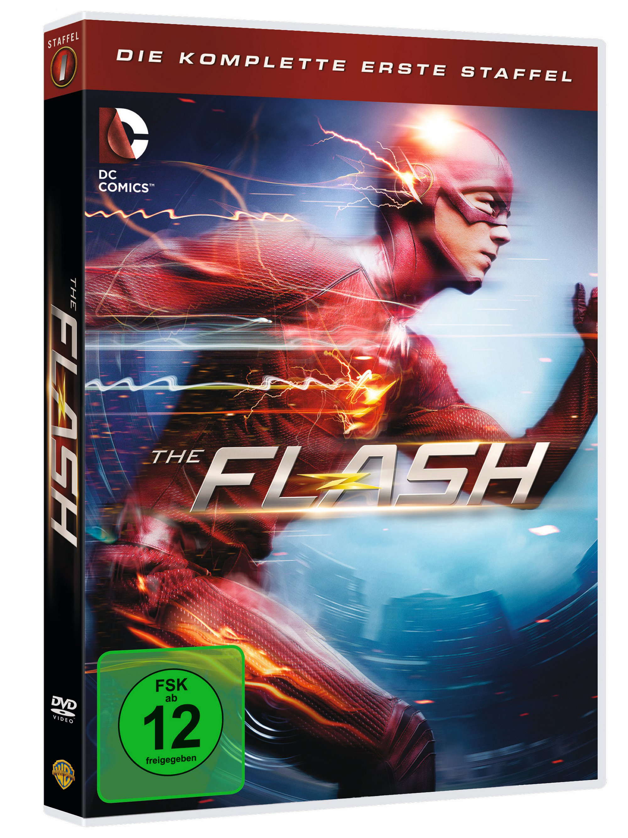 DVD-Cover. Flash in Aktion, Rot- und Blautöne. Titel: 'The Flash'. DC Comics Logo. Bewertung 12.