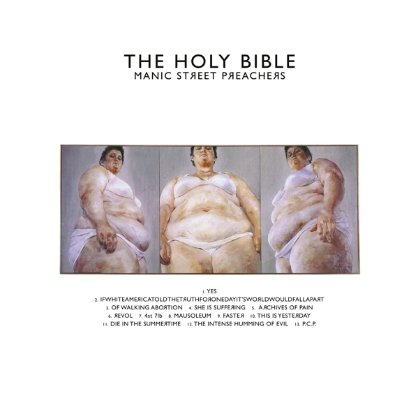 Albumcover: drei fette Figuren in weißer Unterwäsche. Text: THE HOLY BIBLE, MANIC STREET PREACHERS.