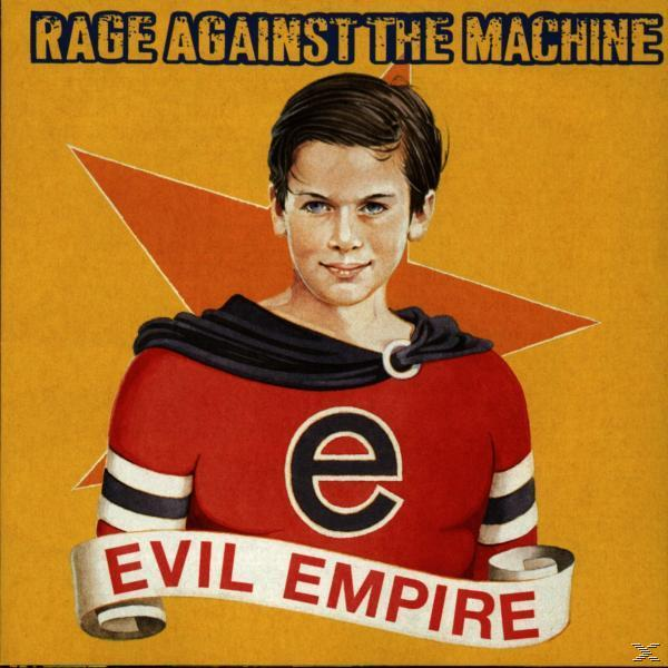 Albumhoes: Jongen in superheldenpak, rood met witte strepen. 'Evil Empire'-banner. 'Rage Against The Machine' erboven.