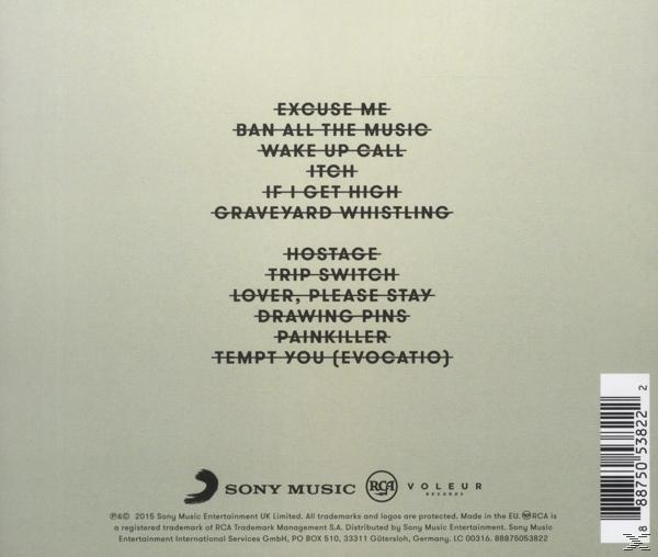 Album borító, dalszövegekkel világoszöld háttéren. A címek között szerepel az 'Excuse Me', 'Ban All the Music' és a 'Wake Up Call'.