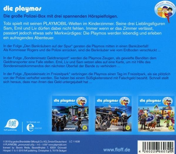 Rückseite eines Kinderhörbuchs. Mit Playmobil-Figuren und Text auf Deutsch.