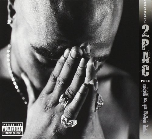 Zwart-wit albumhoes. Gezicht van een man in de schaduw, handen in gebed, ringen zichtbaar. Titel: 2Pac, Deel 2.